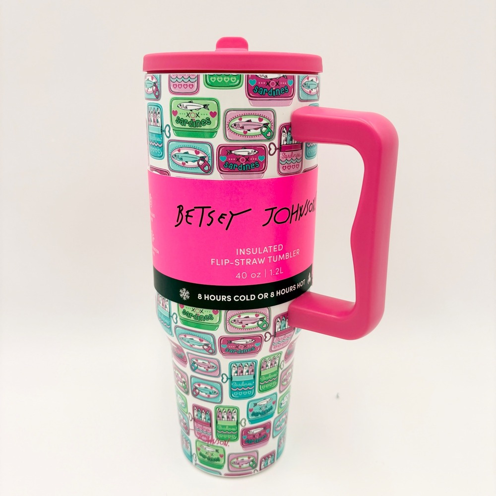 Betsey Johnson 40oz Insulated Flip Straw Tumbler Pink Sardine Tins Print New